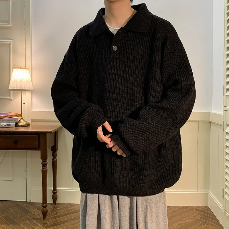 Riolio fall mens outfits Japanese Style Lazy Polo Collar Sweater Men's American Retro Brown High-Grade Oversize Inner Sweater