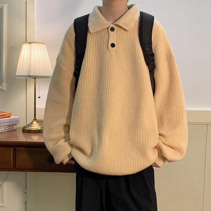 Riolio fall mens outfits Japanese Style Lazy Polo Collar Sweater Men's American Retro Brown High-Grade Oversize Inner Sweater