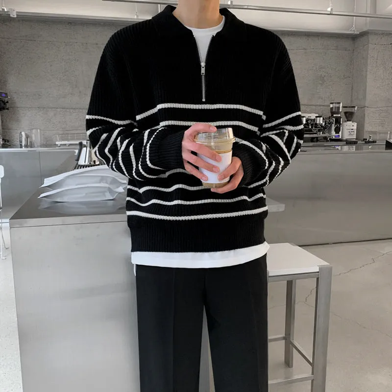 Riolio fashion outfits Lapel Long Sleeve Sweater Men's Autumn Korean Style Loose Retro Casual Half Zipper Polo Striped Sweater Top Fashion