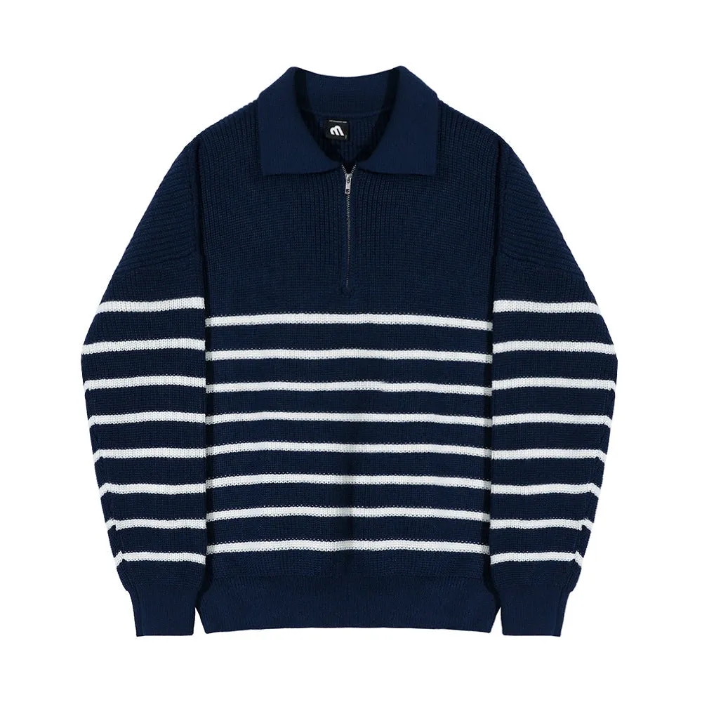 Riolio fashion outfits Lapel Long Sleeve Sweater Men's Autumn Korean Style Loose Retro Casual Half Zipper Polo Striped Sweater Top Fashion