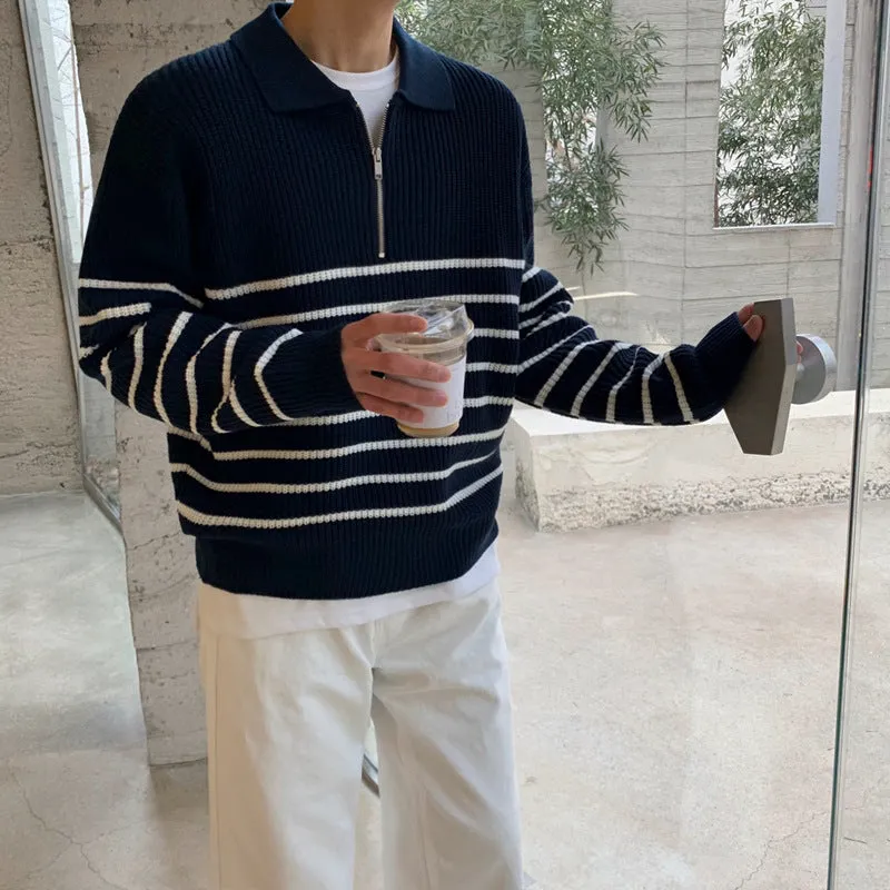 Riolio fashion outfits Lapel Long Sleeve Sweater Men's Autumn Korean Style Loose Retro Casual Half Zipper Polo Striped Sweater Top Fashion