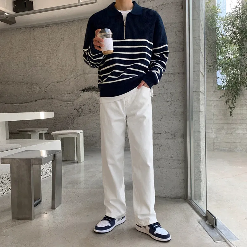 Riolio fashion outfits Lapel Long Sleeve Sweater Men's Autumn Korean Style Loose Retro Casual Half Zipper Polo Striped Sweater Top Fashion