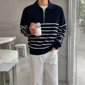 Riolio fashion outfits Lapel Long Sleeve Sweater Men's Autumn Korean Style Loose Retro Casual Half Zipper Polo Striped Sweater Top Fashion