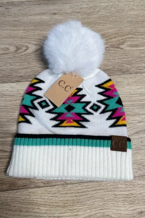 Southwest Pattern Pom Beanie - Ivory