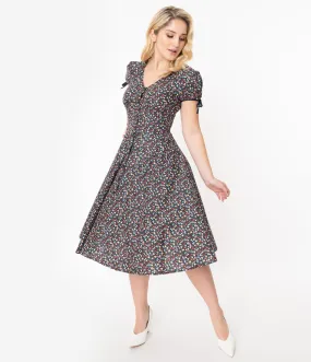Unique Vintage Multicolor Floral Garden Print Dora Swing Dress
