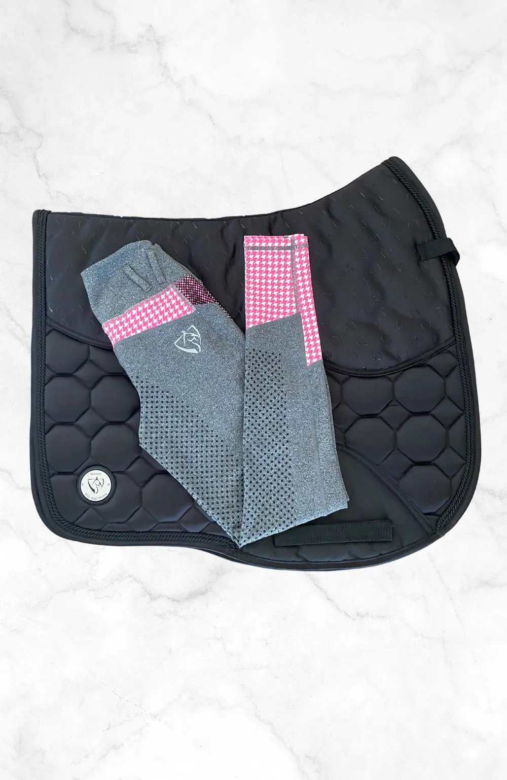 Youth Performance Riding Tights - Grey with Pink Houndstooth