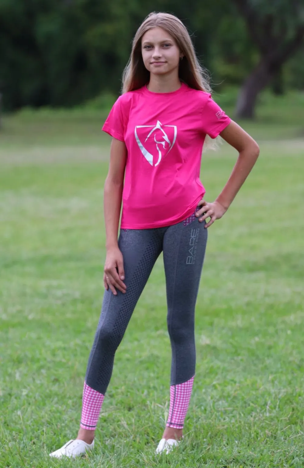 Youth Performance Riding Tights - Grey with Pink Houndstooth